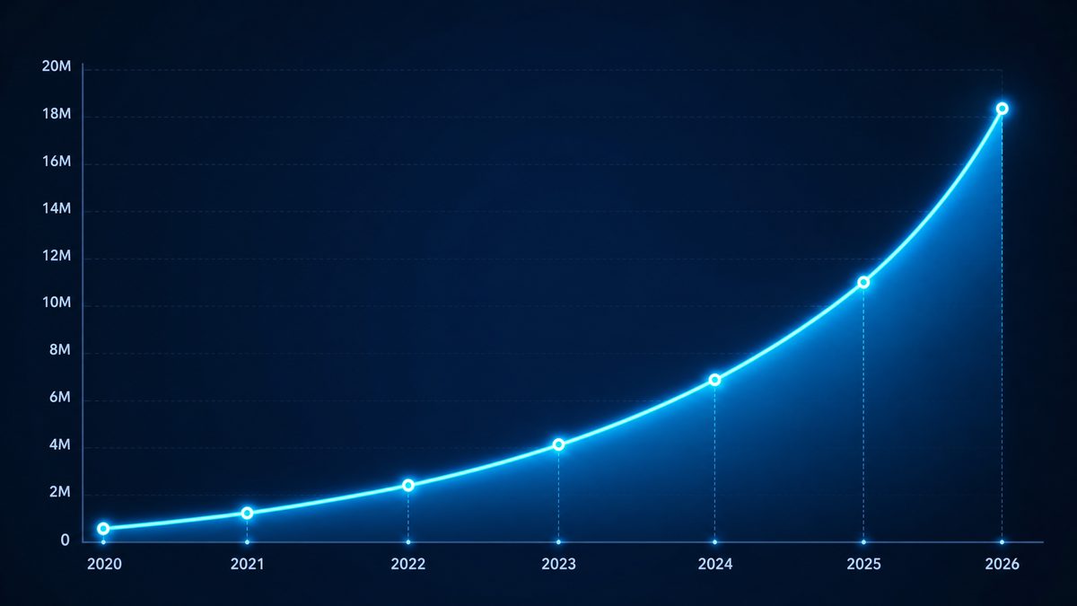 电影在线观看用户增长数据图表,展示2020-2026年注册用户从50万增长至1800万的趋势